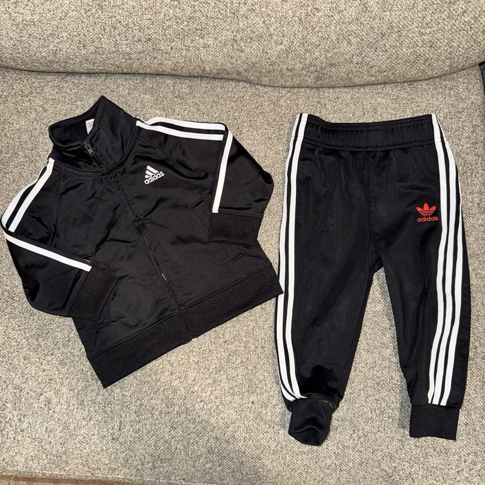 Adidas Baby Tracksuit Set Black Jacket (12M) & Disney Pants (18M) Outfit